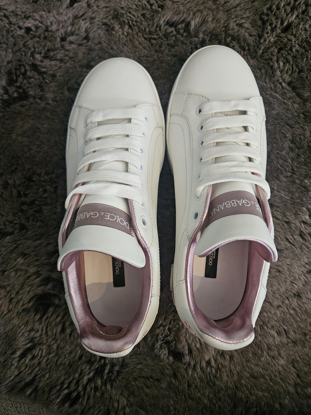 Dolce & Gabbana White Leather Sneakers with Metallic Pink Trim Portofino Sz 8